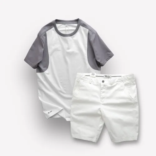Set Bộ Nam Áo Thun Cổ Tròn Tay Phối Màu Quần Short Kaki Rurumen Cao Cấp