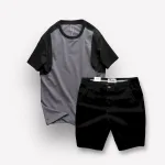Set Bộ Nam Áo Thun Cổ Tròn Tay Phối Màu Quần Short Kaki Rurumen Cao Cấp