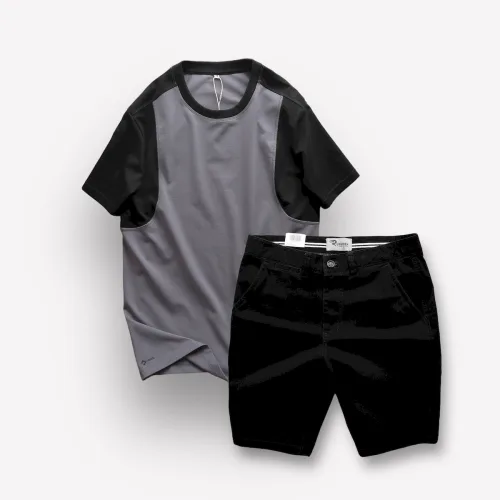 Set Bộ Nam Áo Thun Cổ Tròn Tay Phối Màu Quần Short Kaki Rurumen Cao Cấp