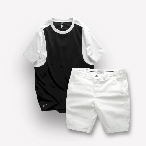 Set Bộ Nam Áo Thun Cổ Tròn Tay Phối Màu Quần Short Kaki Rurumen Cao Cấp