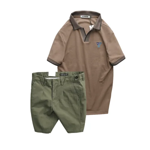 Set Bộ Nam - Áo Thun Nam Polo Cổ Bẻ Thêu Logo Hình Tam Giác Và Quần Short Kaki Co Giãn Phối Nút Cao Cấp (Có Size 36)