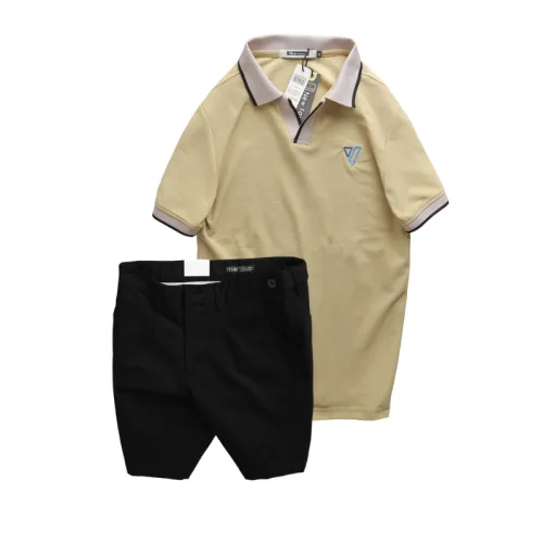 Set Bộ Nam - Áo Thun Nam Polo Cổ Bẻ Thêu Logo Hình Tam Giác Và Quần Short Kaki Co Giãn Phối Nút Cao Cấp (Có Size 36)