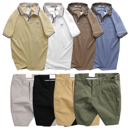Set Bộ Nam - Áo Thun Nam Polo Cổ Bẻ Thêu Logo Hình Tam Giác Và Quần Short Kaki Co Giãn Phối Nút Cao Cấp (Có Size 36)