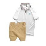 Set Bộ Nam - Áo Thun Nam Polo Cổ Bẻ Thêu Logo Hình Tam Giác Và Quần Short Kaki Co Giãn Phối Nút Cao Cấp (Có Size 36)