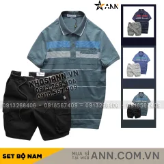 Set Bộ Nam Áo Thun Polo Hoạ Tiết Sọc Ngang Có Túi Quần Short Kaki Túi Hộp