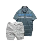 Set Bộ Nam Áo Thun Polo Hoạ Tiết Sọc Ngang Có Túi Quần Short Kaki Túi Hộp