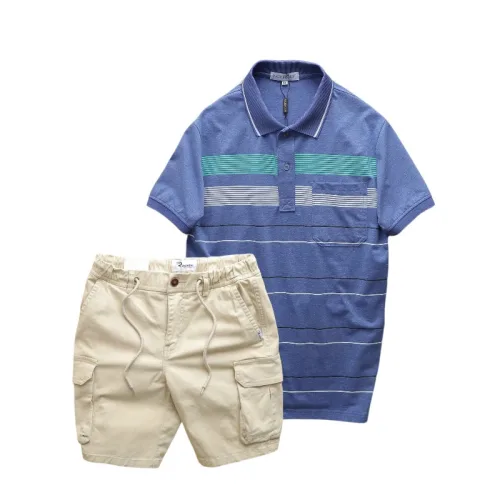 Set Bộ Nam Áo Thun Polo Hoạ Tiết Sọc Ngang Có Túi Quần Short Kaki Túi Hộp