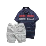 Set Bộ Nam Áo Thun Polo Hoạ Tiết Sọc Ngang Có Túi Quần Short Kaki Túi Hộp