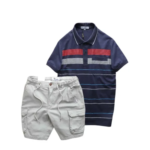Set Bộ Nam Áo Thun Polo Hoạ Tiết Sọc Ngang Có Túi Quần Short Kaki Túi Hộp