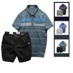 Set Bộ Nam Áo Thun Polo Hoạ Tiết Sọc Ngang Có Túi Quần Short Kaki Túi Hộp