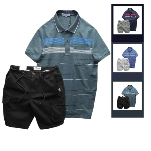 Set Bộ Nam Áo Thun Polo Hoạ Tiết Sọc Ngang Có Túi Quần Short Kaki Túi Hộp