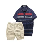 Set Bộ Nam Áo Thun Polo Hoạ Tiết Sọc Ngang Có Túi Quần Short Kaki Túi Hộp