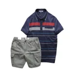 Set Bộ Nam Áo Thun Polo Hoạ Tiết Sọc Ngang Có Túi Quần Short Kaki Túi Hộp