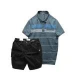 Set Bộ Nam Áo Thun Polo Hoạ Tiết Sọc Ngang Có Túi Quần Short Kaki Túi Hộp