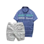 Set Bộ Nam Áo Thun Polo Hoạ Tiết Sọc Ngang Có Túi Quần Short Kaki Túi Hộp