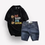 Set Bộ Nam Quần Short Jeans Phối Áo Thun Cổ Tròn In Chữ Big size