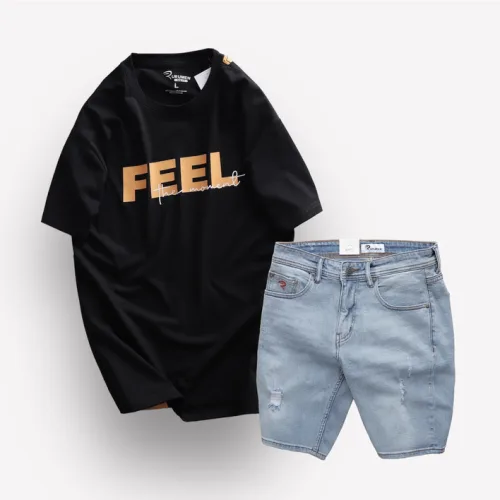 Set Bộ Nam Quần Short Jeans Phối Áo Thun Cổ Tròn In Chữ Big size