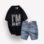 Set Bộ Nam Quần Short Jeans Phối Áo Thun Cổ Tròn In Chữ Big size