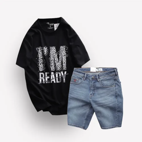Set Bộ Nam Quần Short Jeans Phối Áo Thun Cổ Tròn In Chữ Big size