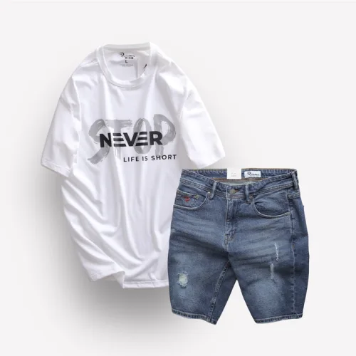 Set Bộ Nam Quần Short Jeans Phối Áo Thun Cổ Tròn In Chữ Big size