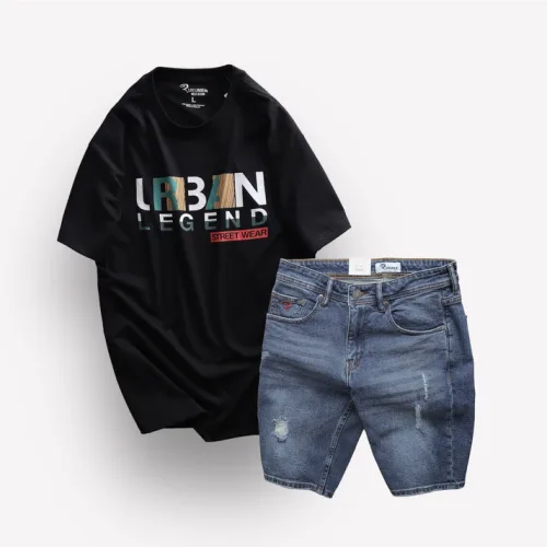 Set Bộ Nam Quần Short Jeans Phối Áo Thun Cổ Tròn In Chữ Big size