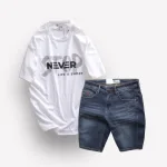 Set Bộ Nam Quần Short Jeans Phối Áo Thun Cổ Tròn In Chữ Big size