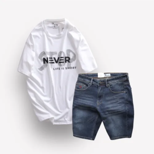 Set Bộ Nam Quần Short Jeans Phối Áo Thun Cổ Tròn In Chữ Big size