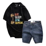 Set Bộ Nam Quần Short Jeans Phối Áo Thun Cổ Tròn In Chữ Big size