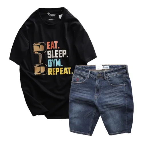 Set Bộ Nam Quần Short Jeans Phối Áo Thun Cổ Tròn In Chữ Big size