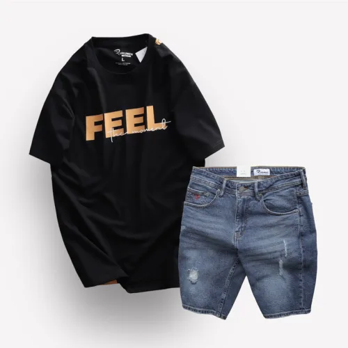 Set Bộ Nam Quần Short Jeans Phối Áo Thun Cổ Tròn In Chữ Big size
