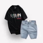Set Bộ Nam Quần Short Jeans Phối Áo Thun Cổ Tròn In Chữ Big size