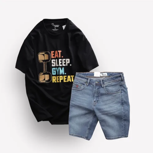 Set Bộ Nam Quần Short Jeans Phối Áo Thun Cổ Tròn In Chữ Big size