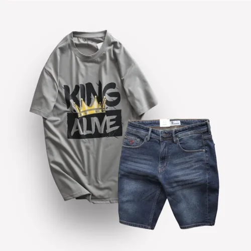 Set Bộ Nam Quần Short Jeans Phối Áo Thun Cổ Tròn In Chữ Big size
