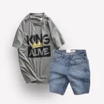 Set Bộ Nam Quần Short Jeans Phối Áo Thun Cổ Tròn In Chữ Big size