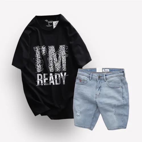 Set Bộ Nam Quần Short Jeans Phối Áo Thun Cổ Tròn In Chữ Big size