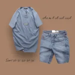 Set Bộ Nam Quần Short Jeans Phối Áo Thun Cổ Tròn Tag Chữ Superior