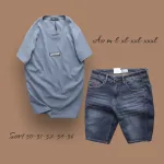 Set Bộ Nam Quần Short Jeans Phối Áo Thun Cổ Tròn Tag Chữ Superior