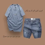 Set Bộ Nam Quần Short Jeans Phối Áo Thun Cổ Tròn Tag Chữ Superior