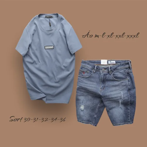 Set Bộ Nam Quần Short Jeans Phối Áo Thun Cổ Tròn Tag Chữ Superior