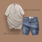 Set Bộ Nam Quần Short Jeans Phối Áo Thun Cổ Tròn Tag Chữ Superior