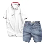 Set Bộ Nam Quần Short Jeans Phối Áo Thun Polo Cổ Bẻ Thêu Chữ Jasson