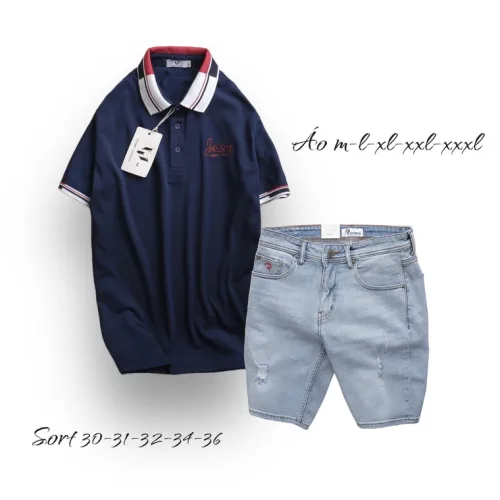 Set Bộ Nam Quần Short Jeans Phối Áo Thun Polo Cổ Bẻ Thêu Chữ Jasson