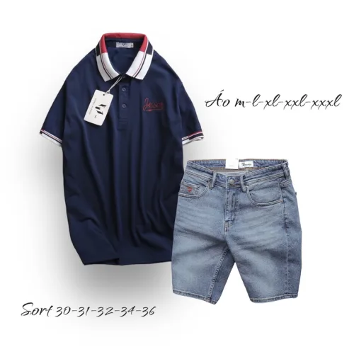 Set Bộ Nam Quần Short Jeans Phối Áo Thun Polo Cổ Bẻ Thêu Chữ Jasson