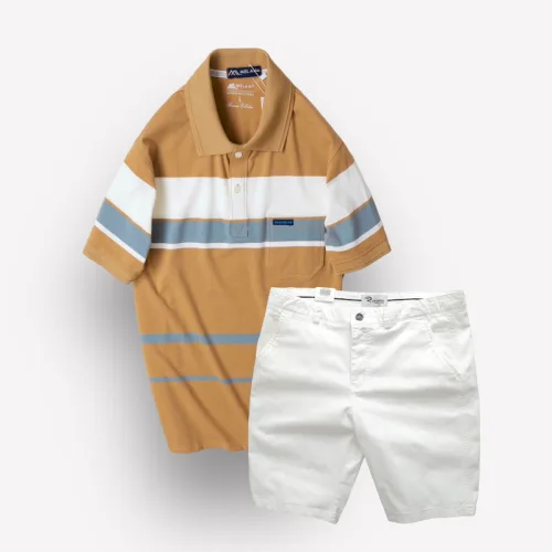 Set Bộ Nam Quần Short Kaki Cao Cấp Phối Áo Thun Sọc Trung Niên Melan