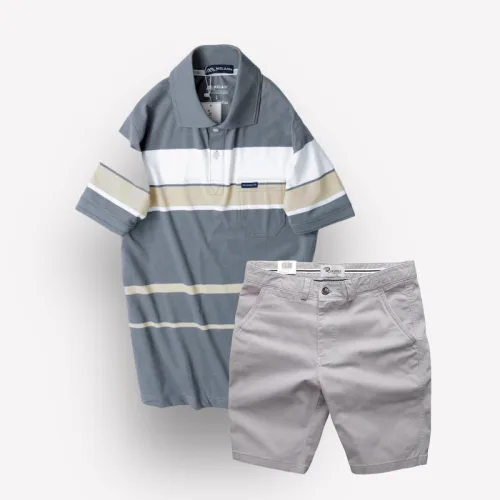 Set Bộ Nam Quần Short Kaki Cao Cấp Phối Áo Thun Sọc Trung Niên Melan
