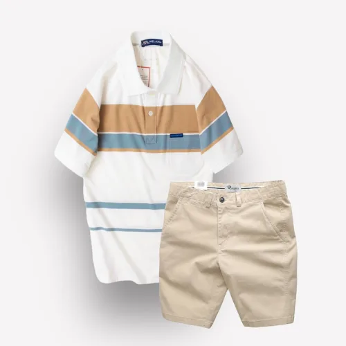 Set Bộ Nam Quần Short Kaki Cao Cấp Phối Áo Thun Sọc Trung Niên Melan