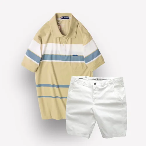 Set Bộ Nam Quần Short Kaki Cao Cấp Phối Áo Thun Sọc Trung Niên Melan