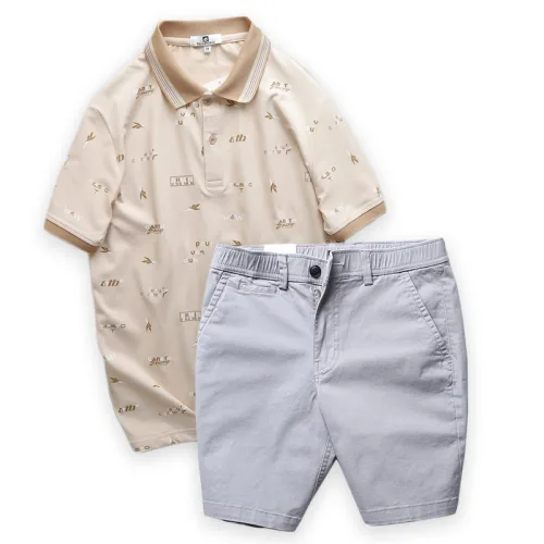 Set Bộ Nam Quần Short Kaki Lưng Thun Phối Áo Thun Polo Nam Cổ Bẻ Hoạ Tiết