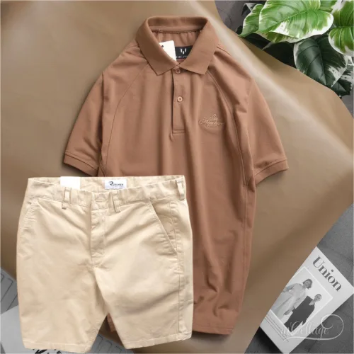 Set Bộ Nam Quần Short Kaki Phối Áo Cổ Bẻ Thêu Chữ Cao Cấp