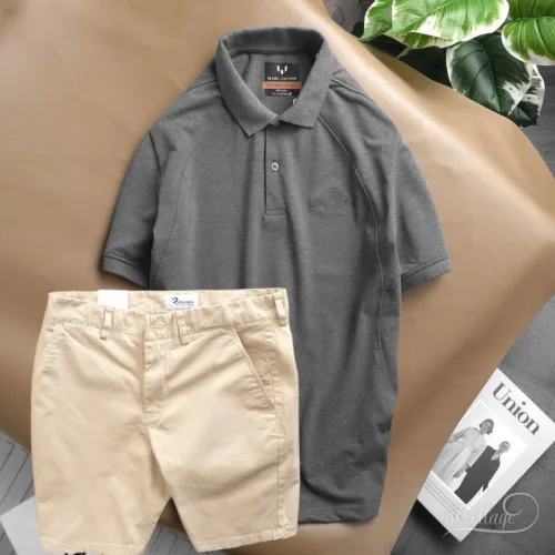 Set Bộ Nam Quần Short Kaki Phối Áo Cổ Bẻ Thêu Chữ Cao Cấp